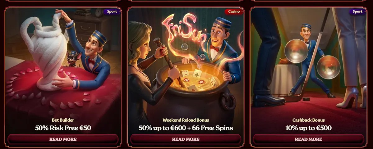 Casino and sports promotion banners featuring bet builder, weekend reload bonus, and cashback offer