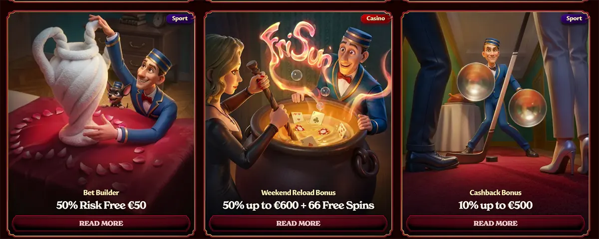 Casino and sports promotion banners featuring bet builder, weekend reload bonus, and cashback offer