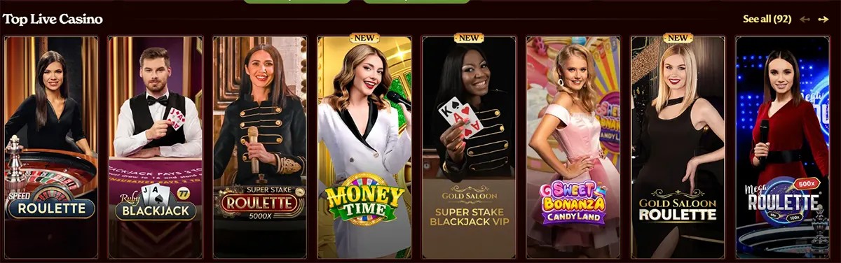 Top live casino games including roulette, blackjack, Money Time, and Sweet Bonanza Candyland