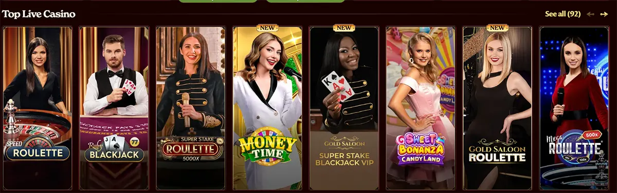 Top live casino games including roulette, blackjack, Money Time, and Sweet Bonanza Candyland