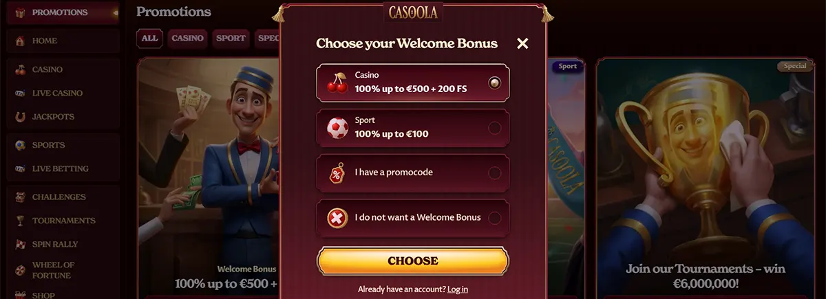 Casino welcome bonus selection popup with casino and sports bonus options